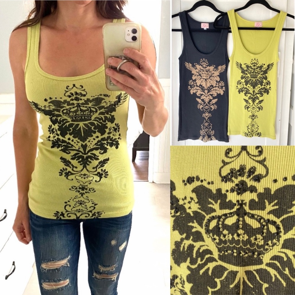 2 TANKS!! Yvette Mandell tank tops with rhinestone detail. Black AND Lime Green